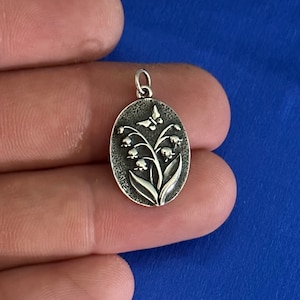 Sterling Silver Oval Lily of the Valley Charm, Sterling Silver Lily of the Valley Pendant, Silver Lily of the Valley with Butterfly Pendant