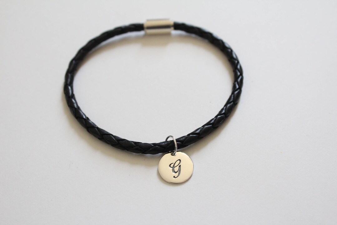 Leather Bracelet With Sterling Silver Cursive G Letter Charm, Bracelet ...