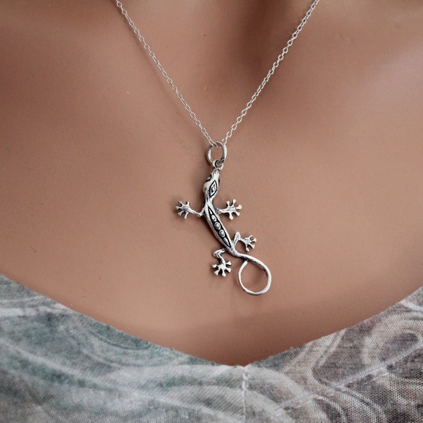 Sterling Silver Gecko Charm Necklace, Sterling Silver Gecko Lizard Charm Necklace, Silver Gecko Lizard Necklace, Gecko Lizard Necklace