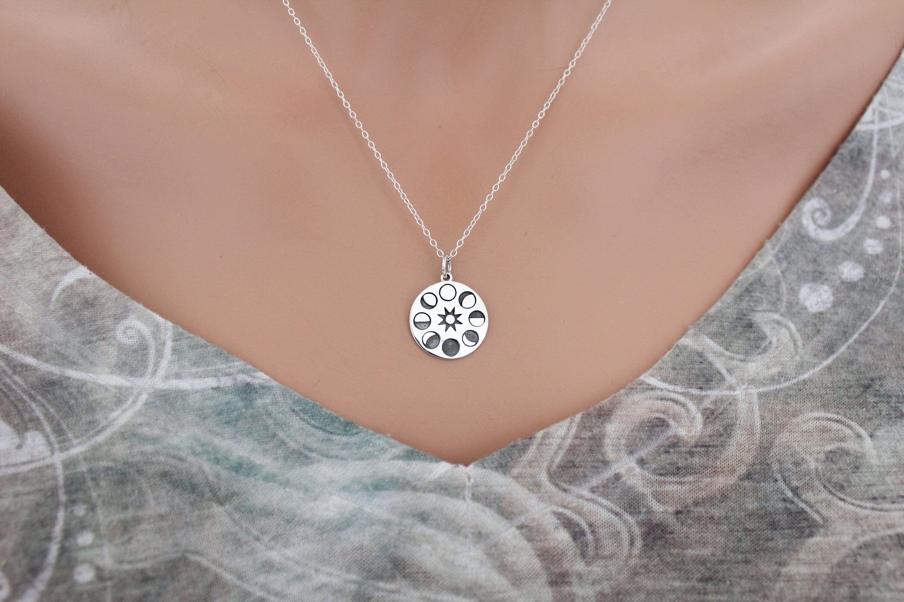 Sterling Silver Sun and Moon Phase Pendant Necklace - Etsy