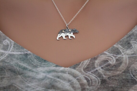 Sterling Silver Bear Charm With Mountains And Bronze Moon - Sterling Silver Bear Pendant Sterling Silver Bear Charm With Mountains And Bronze Moon - Sterling Silver Bear Pendant