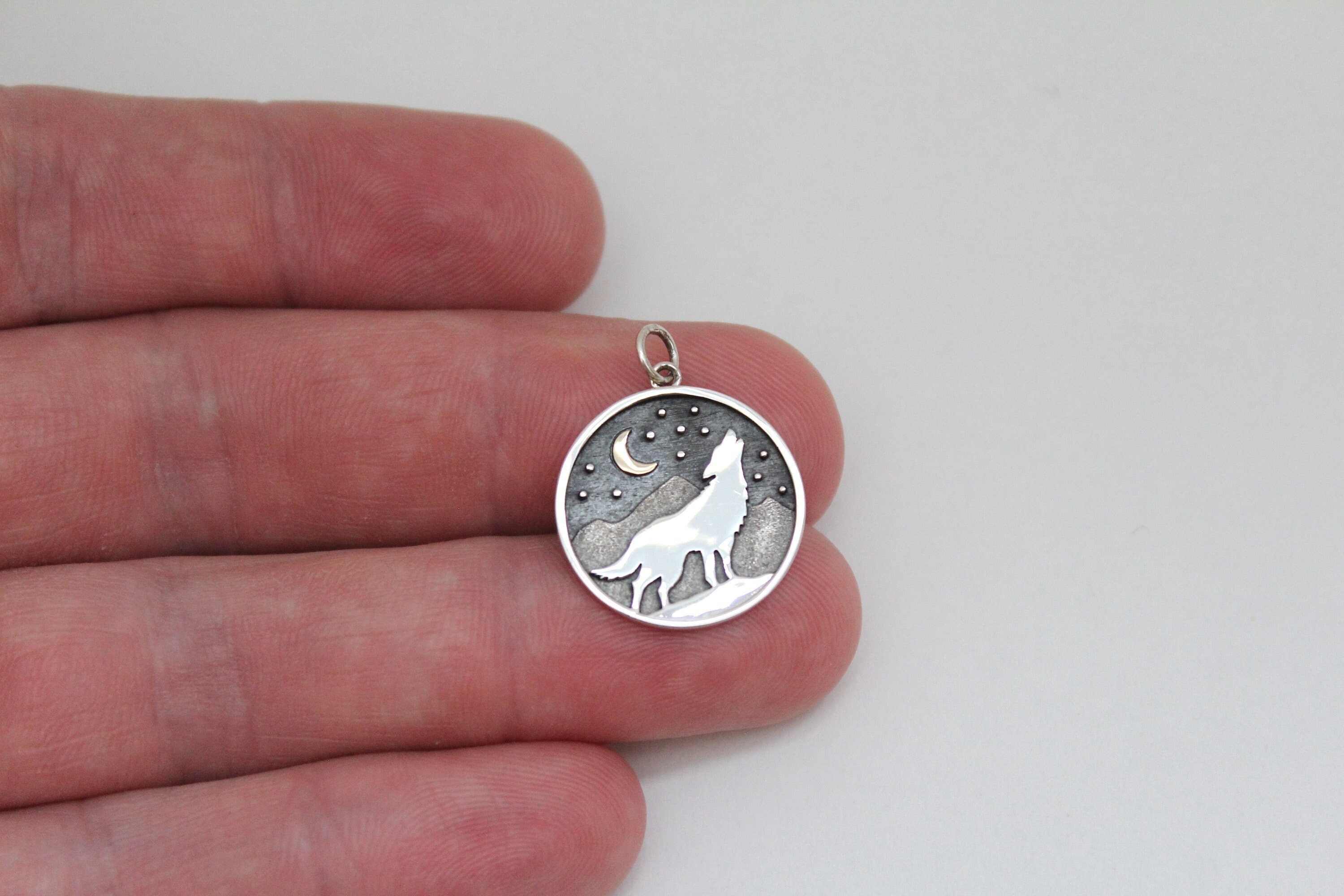 Sterling Silver Howling Wolf Charm, Sterling Silver Wolf and Mountain Charm with a Bronze Moon, Silver Howling Wolf and Mountain Charm