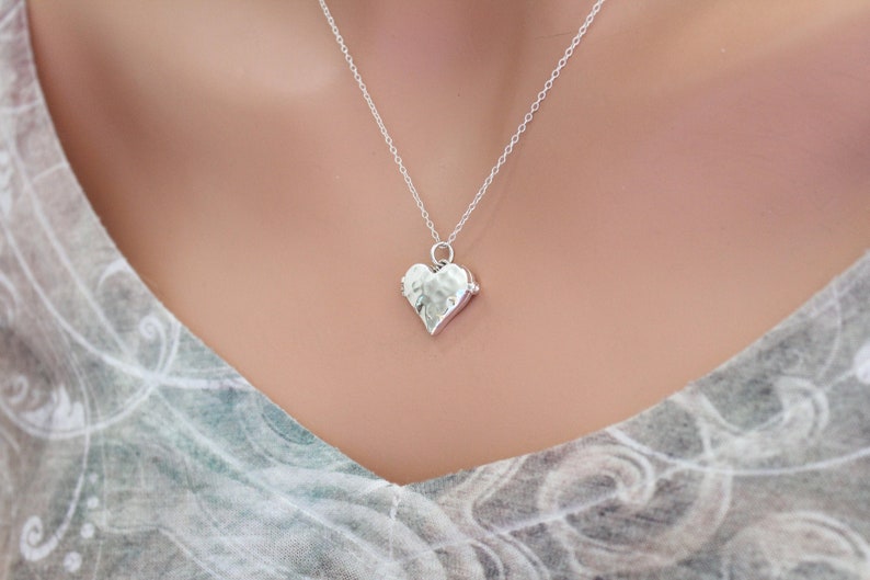 Sterling Silver Heart Locket with Hammered Finish Necklace, Silver Heart Locket with Hammered Finish Necklace, Heart Locket Necklace image 1