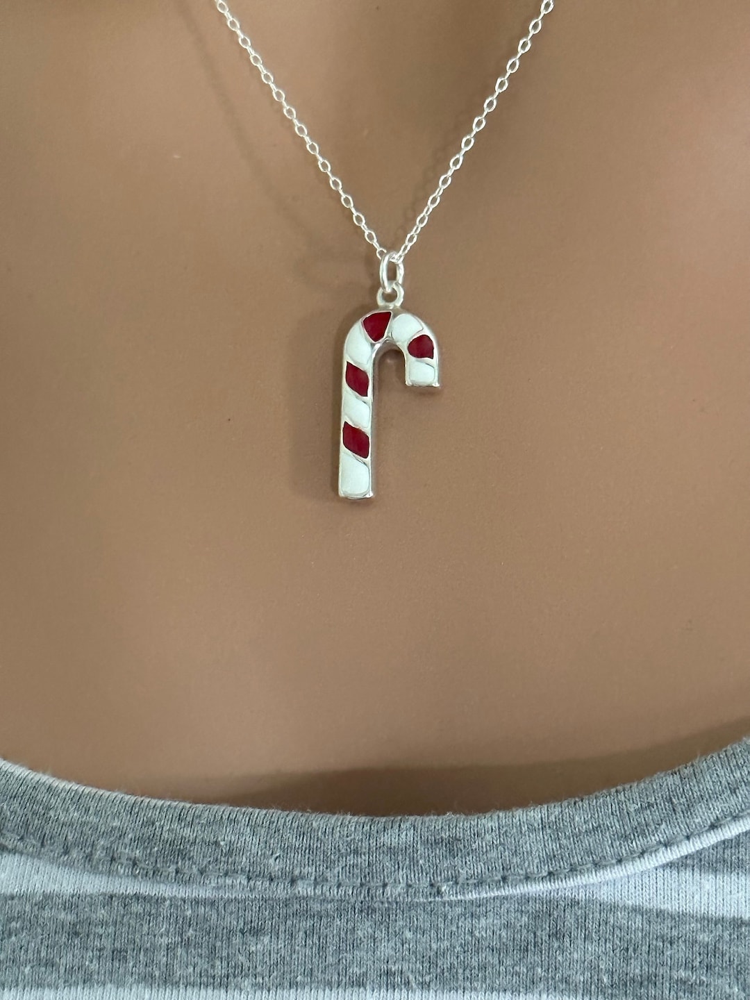 Sterling Silver Red and White Enamel Candy Cane Necklace, Silver Red