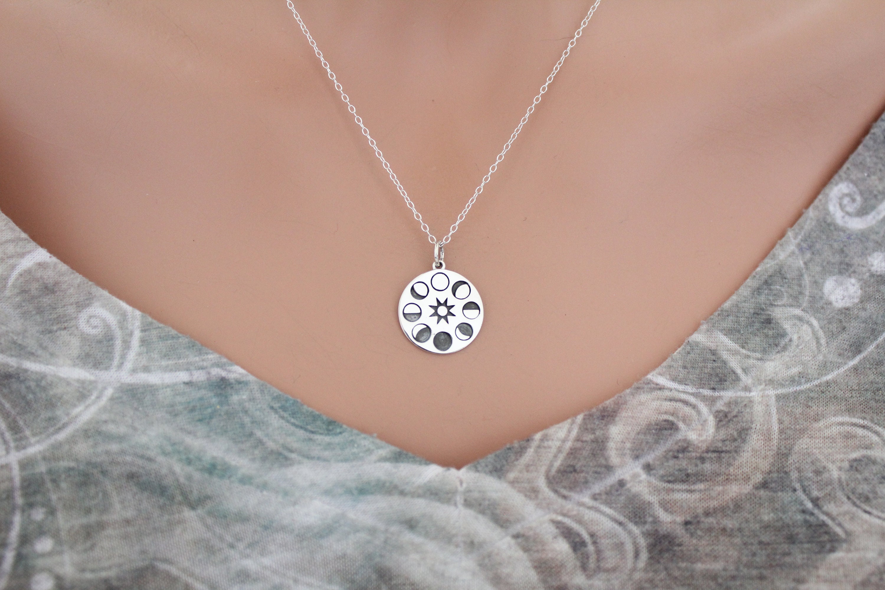 Sterling Silver Sun and Moon Phase Pendant Necklace - Etsy