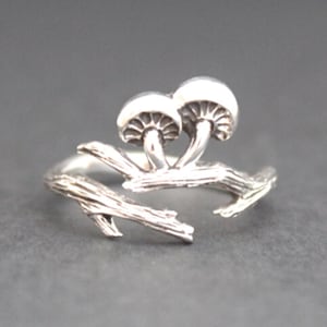 Sterling Silver Adjustable Wild Sprouting Mushrooms Ring, Sterling Silver Mushroom and Branch Ring, Silver Mushroom Forest Friends Ring