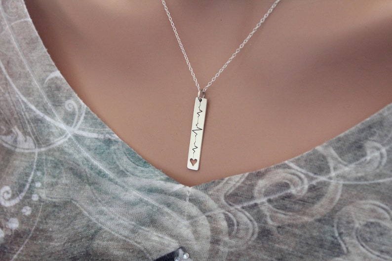 PERSONALIZED EKG NECKLACE Sterling Silver Vertical Heartbeat Bar Necklace with Heart Cutout, Engraved Heartbeat Necklace image 2