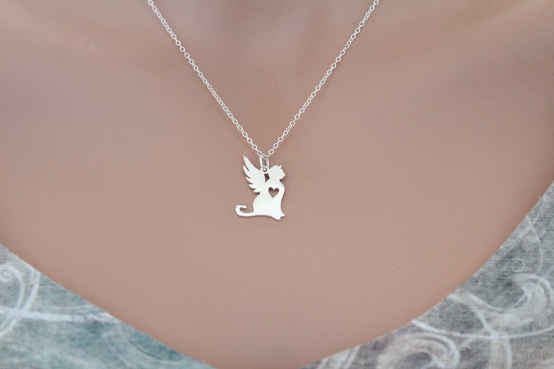 Sterling Silver Angel Cat Necklace: Winged Kitty Charm image 1