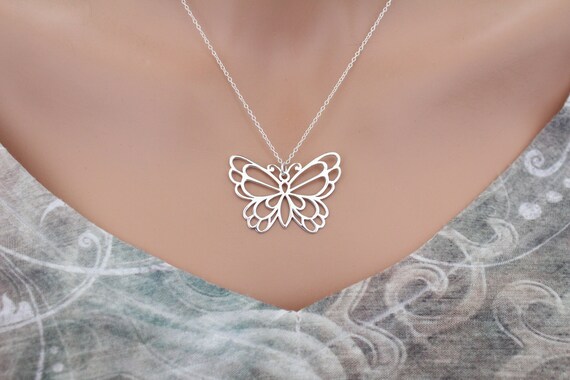 Large silver butterfly necklace sale