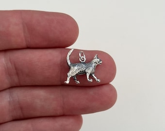 Puede incluir: Un amuleto de plata con forma de gato caminando. El amuleto está detallado con pelaje y tiene un bucle en la parte superior para sujetarlo a un collar o pulsera.