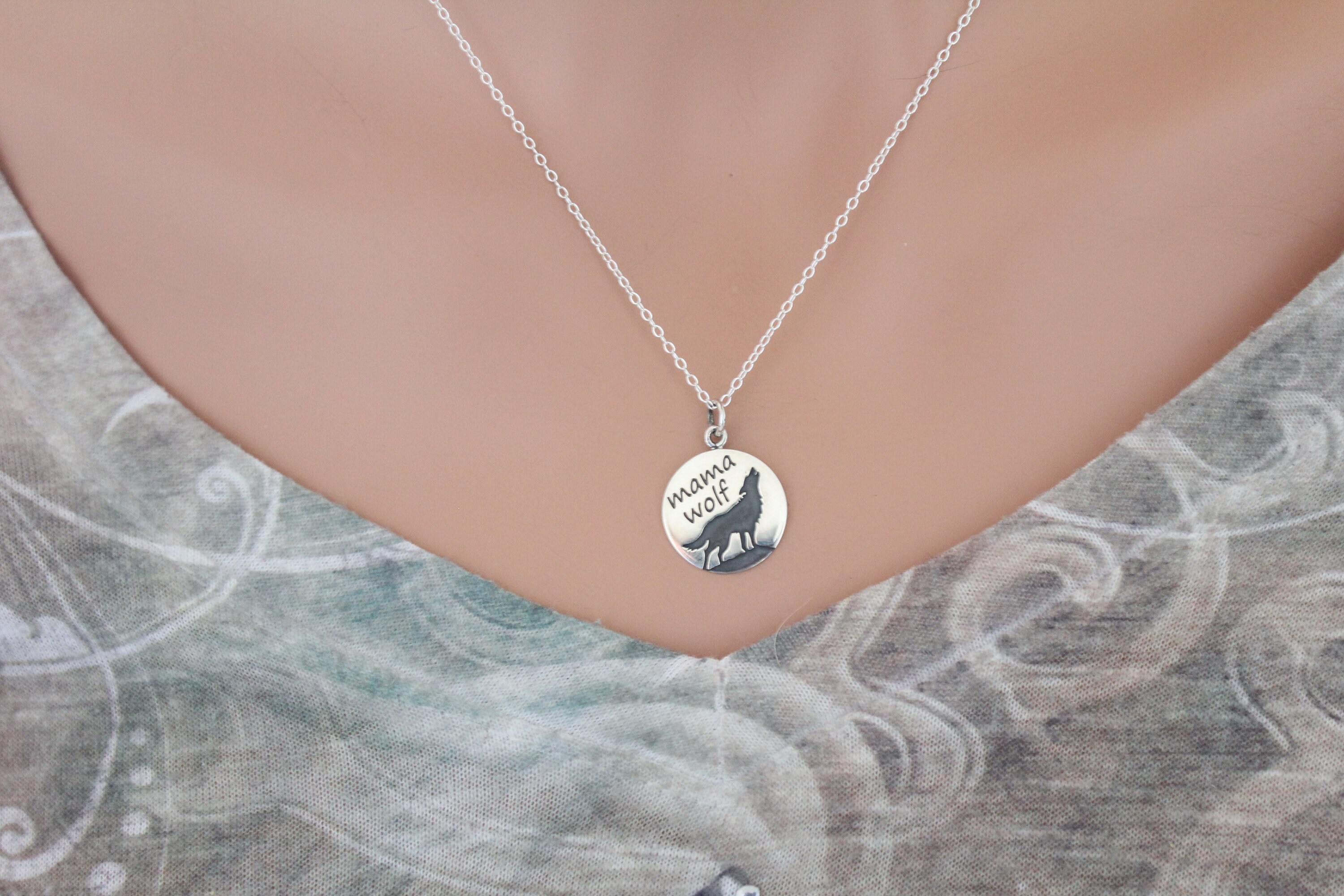Sterling Silver Etched Mama Wolf on a 
