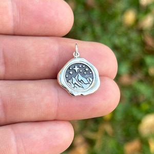 Sterling Silver Mountain Wax Seal Charm, Sterling Silver Two Mountains Wax Seal Pendant, Silver Two Mountains Pendant, Mountains Charm