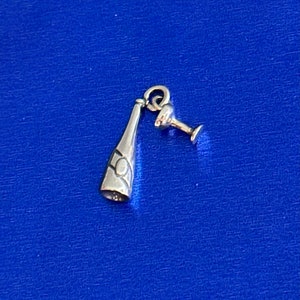 Sterling Silver Champagne and Glass Charm, Silver Champagne Bottle and Glass Pendant, 3D Champagne Bottle and Glass Charm, Champagne Charm
