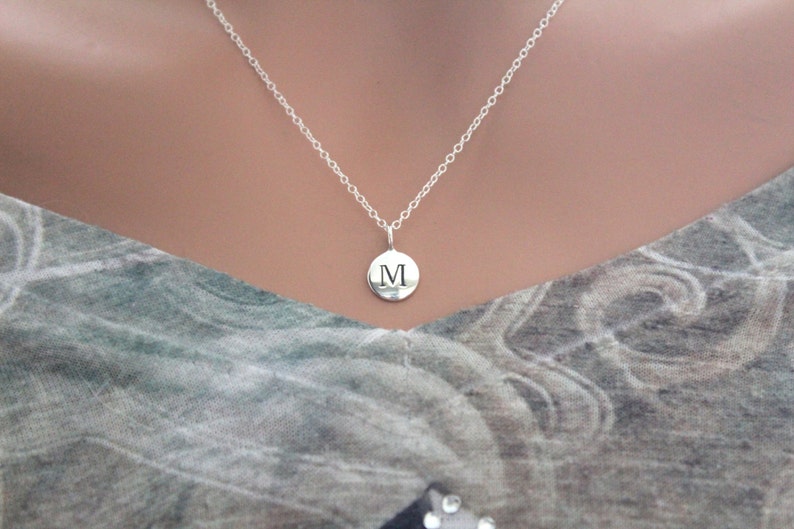 Sterling Silver Simple M Initial Necklace, Silver Stamped M Necklace, Stamped M Initial Necklace, Small M Initial Necklace, M Initial Charm image 1