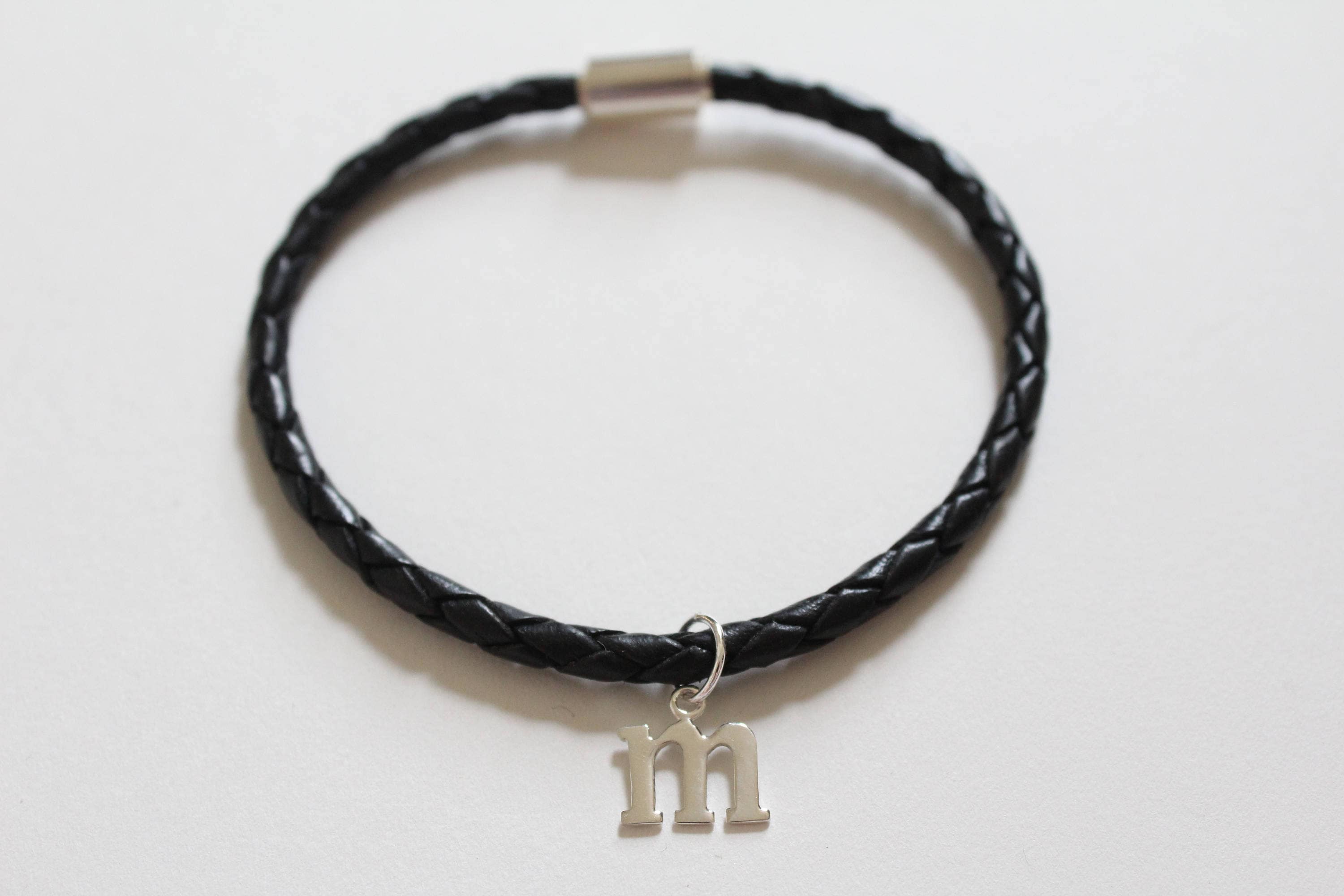 Leather Bracelet with Sterling Silver Typewriter M Letter Charm