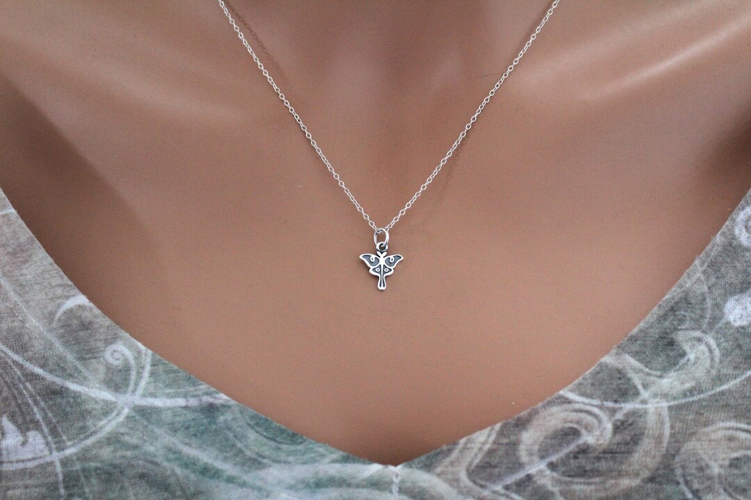 Sterling Silver Tiny Luna Moth Charm Necklace, Sterling Silver Small Luna Moth Necklace, Silver Small Luna Moth Necklace, Luna Moth Necklace