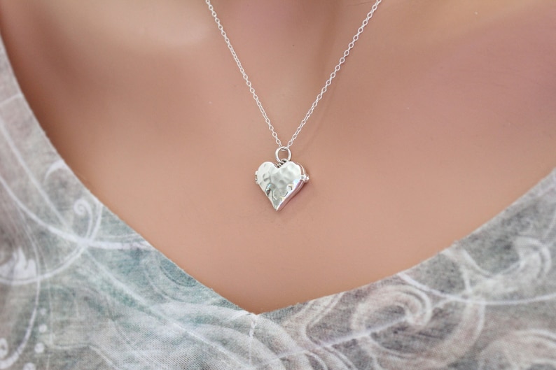 Sterling Silver Heart Locket with Hammered Finish Necklace, Silver Heart Locket with Hammered Finish Necklace, Heart Locket Necklace image 2