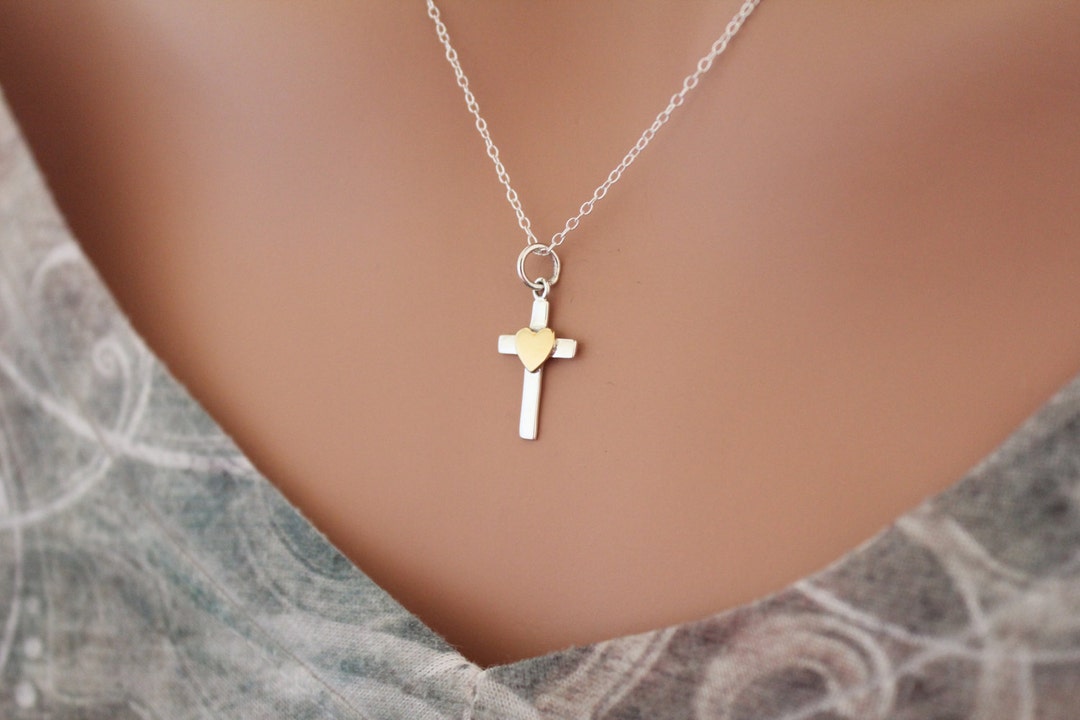 Sterling Silver Cross Charm With Bronze Heart Necklace, Cross Pendant