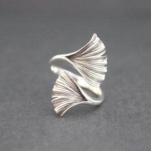 Bague feuille de ginkgo réglable en argent sterling, bague plante de ginkgo en argent sterling, bague feuille de ginkgo en argent sterling, bague feuille de ginkgo en argent sterling