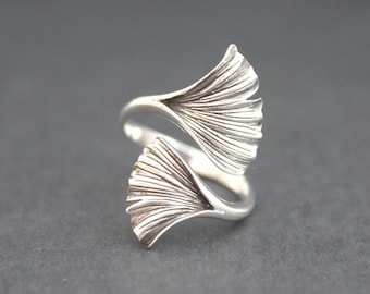 Verstellbarer Sterling Silber Ginkgo Blatt Ring