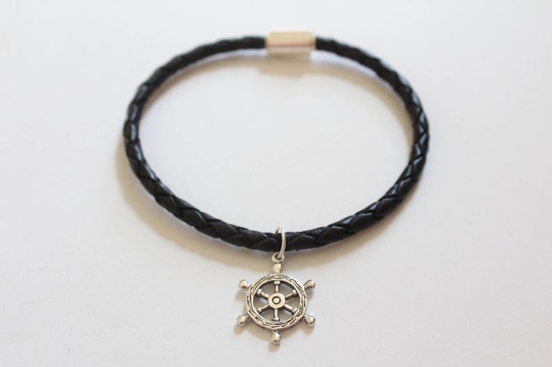Ship Wheel Charm Bracelet Ship Wheel Bracelet Ship/'s Wheel Bracelet Boat Wheel Leather Bracelet with Sterling Silver Ship Wheel Charm