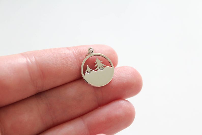 Mountain Charm Silver Camping Pendant Sterling Silver Tree and Mountain Pendant Pine Tree Pendant Hiking Pendant Charm for Camper
