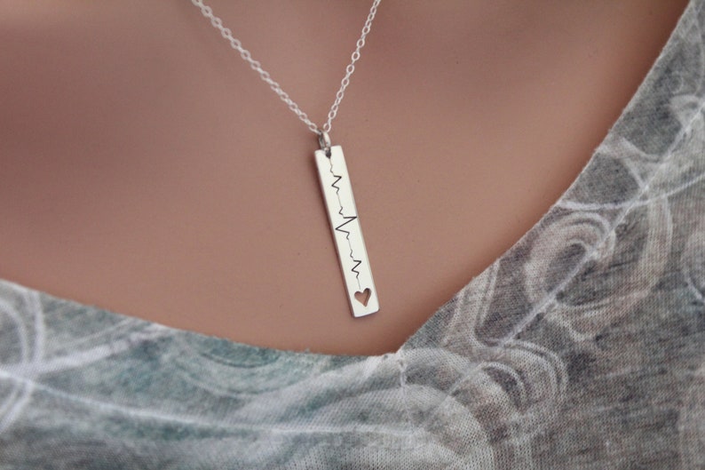 PERSONALIZED EKG NECKLACE Sterling Silver Vertical Heartbeat Bar Necklace with Heart Cutout, Engraved Heartbeat Necklace image 3