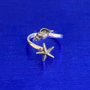 Sterling Silver Adjustable Starfish Conch Shell Ring