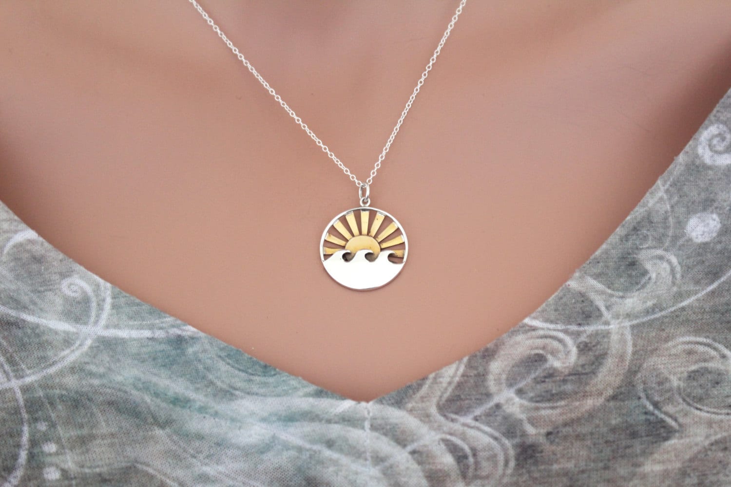 Sterling Silver Ocean Sunrise Pendant Necklace: Wave Charm - Etsy