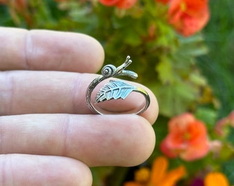 Sterling Silver Snail and Leaf Adjustable Ring
