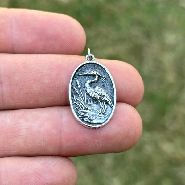 Sterling Silver Heron in a Pond Charm, Silver Heron in  Pond Pendant, Silver Heron in Pond Charm, Silver Heron Bird Pond Charm, Heron Charm