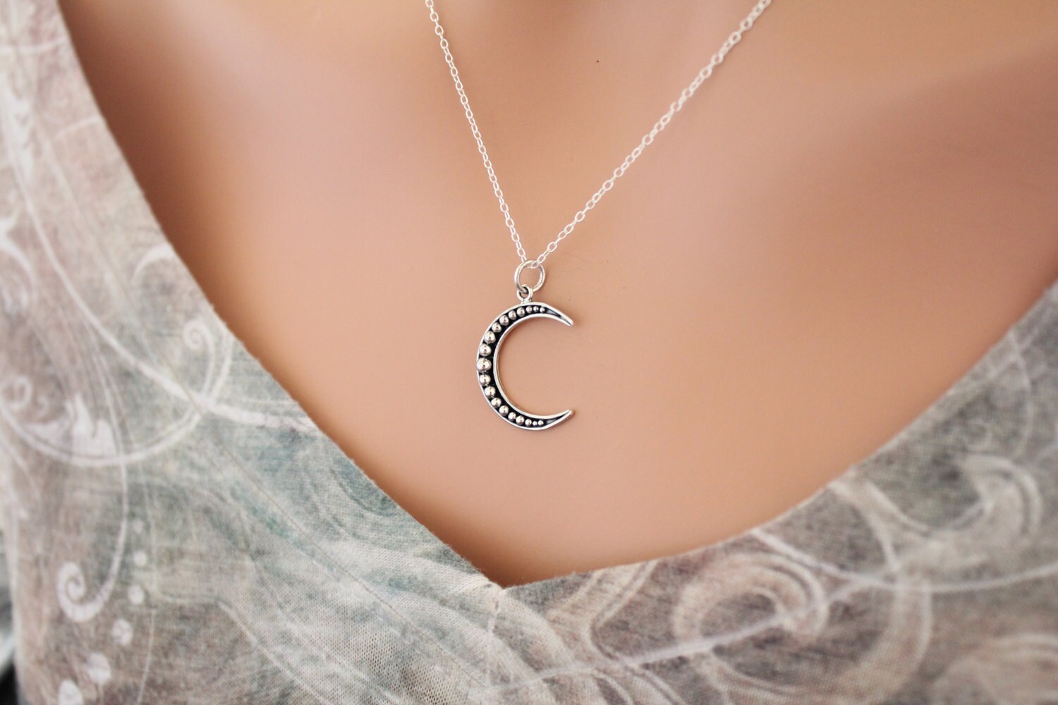 Sterling Silver Unique Crescent Moon Pendant Necklace