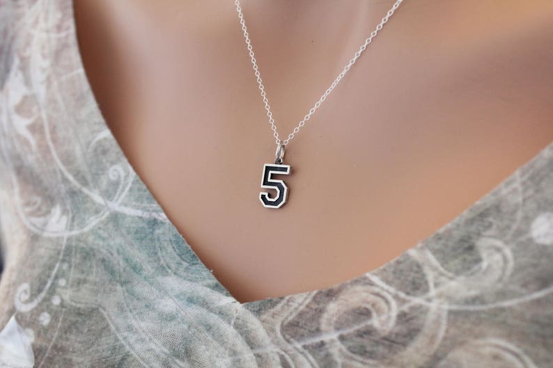Sterling Silver Number Five Charm Necklace Oxidized Sterling Silver Number Five Necklace 5 Necklace 5 Number Charm Necklace