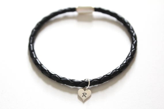 Leather Bracelet With Sterling Silver R Letter Heart Charm 