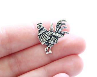 Sterling Silver Rooster Charm: Farmhouse Chicken Pendant