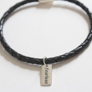 Leather Bracelet with Sterling Silver Fearless Charm, Fearless Bracelet, Fearless Charm Bracelet, Fearless Pendant Bracelet, Fearless Word