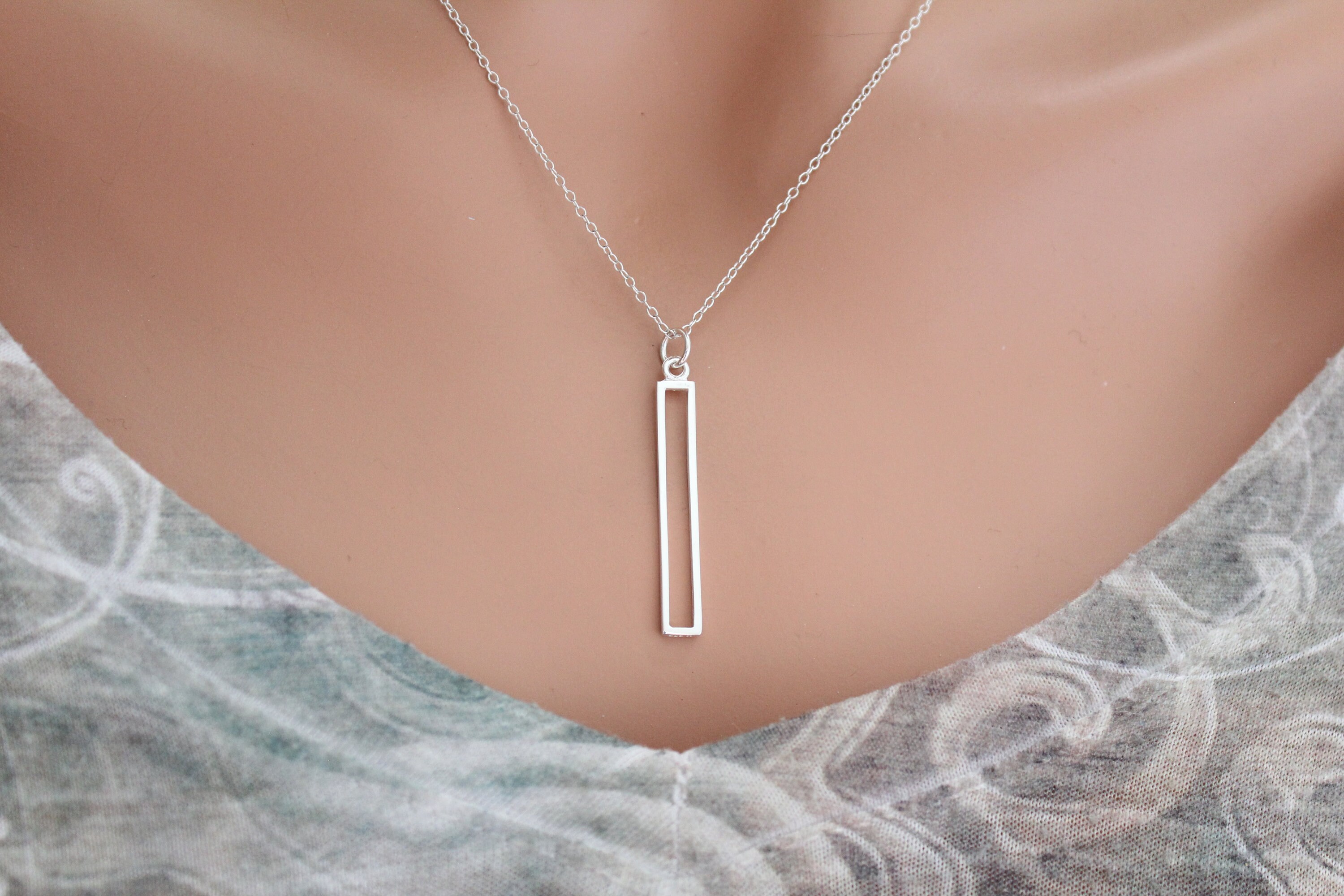 バーネックレス★Silver Wide / Long Bar Necklace Sterling Silver Openwork Long Bar Charm Necklace, Sterling