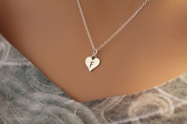 Sterling Silver F Letter Heart Necklace, Silver Tiny Stamped F Initial Heart Necklace, Stamped F Letter Charm Necklace, F Initial Necklace image 1