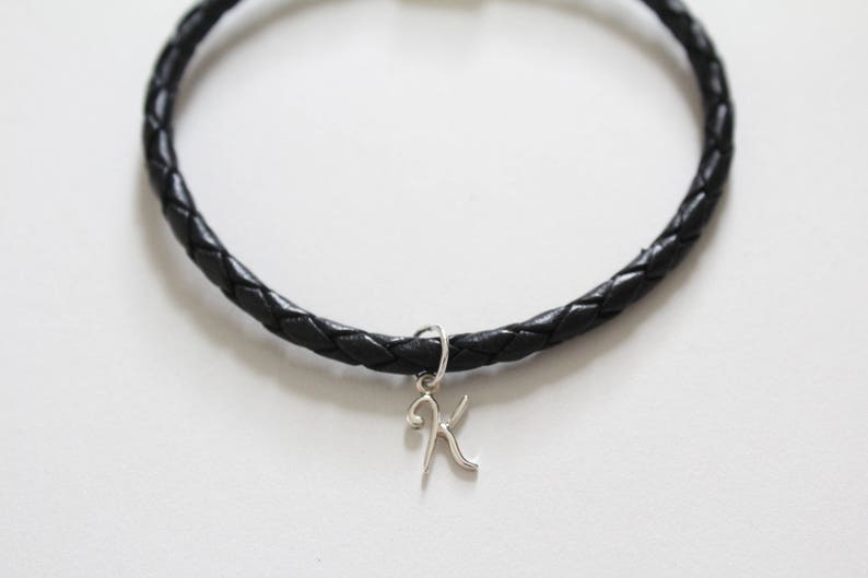 Leather K Charm Bracelet Sterling Silver Bracelet with Sterling Silver Cursive K Charm Sterling Silver Cursive K Charm Bracelet K Charm