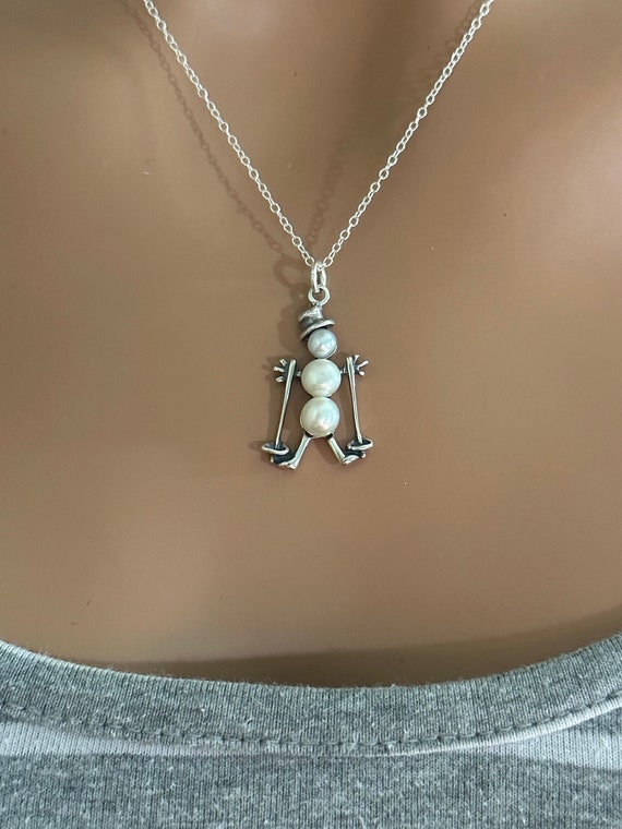 Skiing Snowman Charm with Cultured Freshwater Pearls Sterling Silver Skiing Snowman Charm with Cultured Freshwater Pearls Sterling Silver