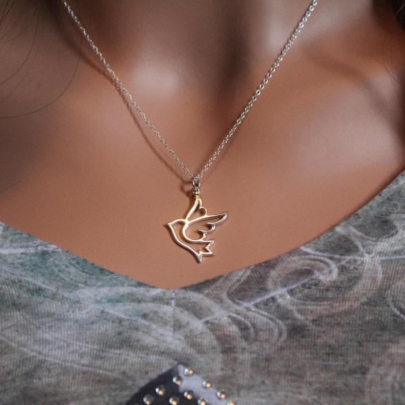 Sterling Silver Dove Necklace, Dove Necklace, Dove Cutout Necklace, Dove Pendant Necklace, Dove Charm Necklace, Bird Necklace, Bird Charm image 1