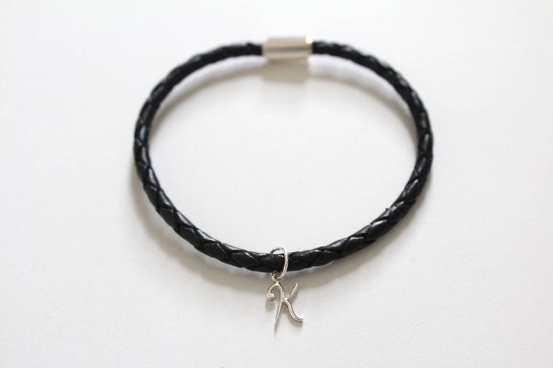 Leather K Charm Bracelet Sterling Silver Bracelet with Sterling Silver Cursive K Charm Sterling Silver Cursive K Charm Bracelet K Charm