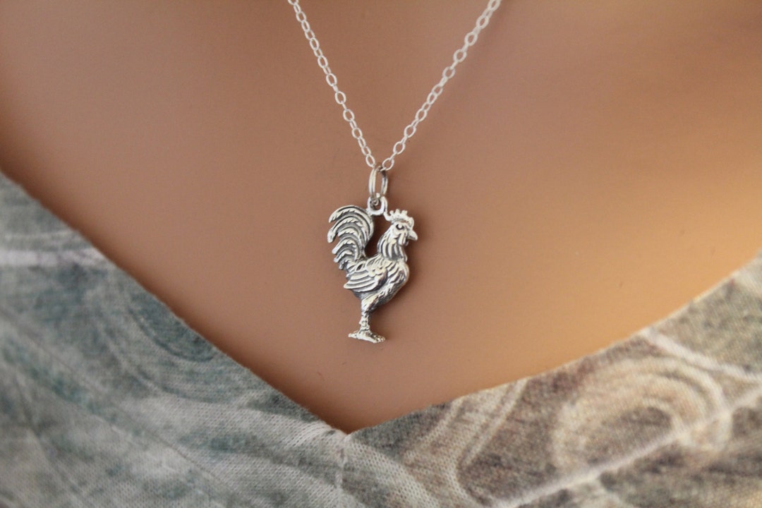 Sterling Silver Rooster Charm Necklace, Rooster Necklace, Chicken