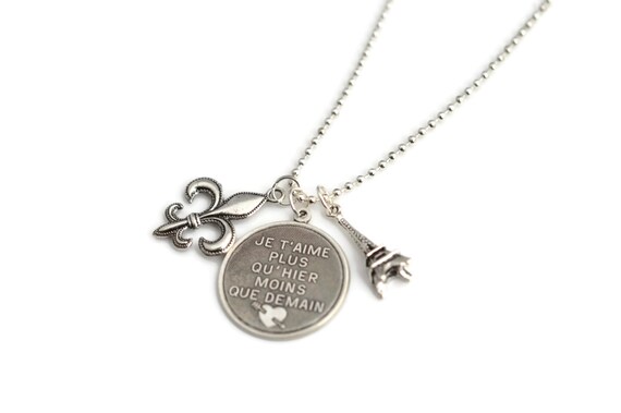 Je Taime French Love Necklace Je Taime Fleur De Lis Eiffel Tower Silver Plated Charm Love Necklace With Ball Chain