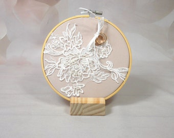 Boho ring cushion embroidery frame in sand with lace and beads