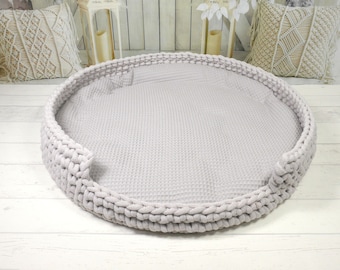 Crocheted dog basket with wooden base round, 60 cm cat bed animal bed