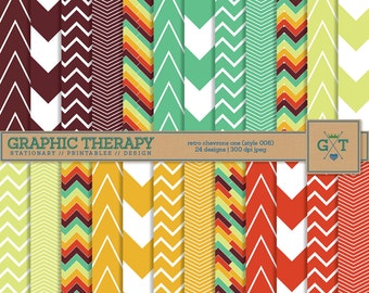 Retro Chevron Digital Patterned Papers // Maroon, Turquoise, Green, Yellow and Orange // Instant Download