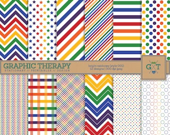 Rainbow Digital Paper made with Chevrons, Dots, Stripes, and Stars delivered by Instant Download