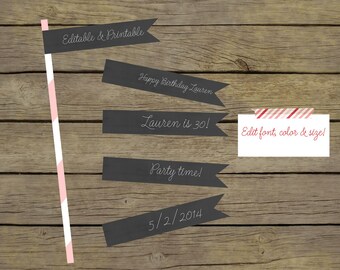 Editable Chalkboard Straw Flags / Cupcake Toppers / Toothpick Flags / Instant Download