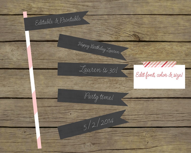 Editable Chalkboard Straw Flags / Cupcake Toppers / Toothpick Flags / Instant Download image 1